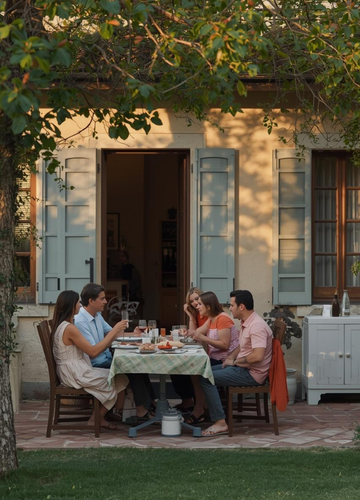 group of people having lunch outdoors in summer in Tuscany